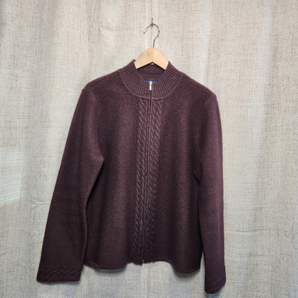 Karen Scott Women's 100% Wool Full Zip Sweater LG Brown Mock Neck Knit Cardigan - Picture 1 of 7